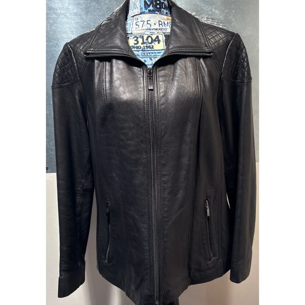 "Anne Klein Coat" Moto Jacket 2X Black 100% Leather Quilted Shoulders Full Zip - Picture 7 of 16